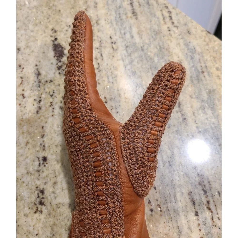 Vintage Size M 7 Brown Leather And Knit Handmade Gloves Hammer Of Hollywood